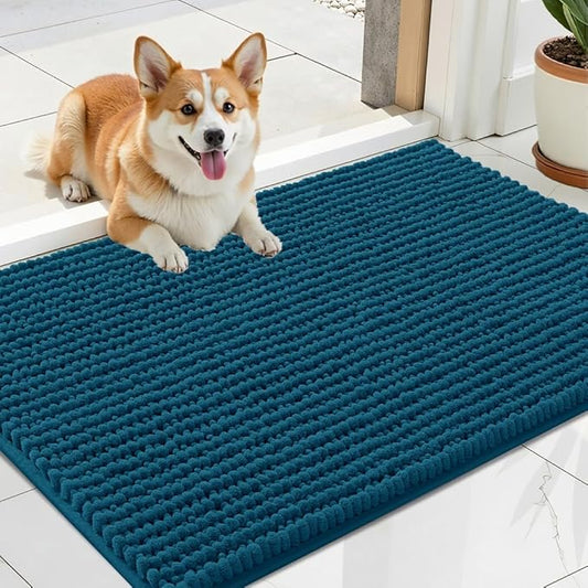 OLANLY Dog Door Mat for Muddy Paws 24x16, Ultra Absorbent Chenille Mud Doormat, Non-Slip Washable and Dirt Trapping Doormat for Indoor Entryway, Quick-Dry Indoor Pet Bed Mats for Dogs, Atlantic Blue