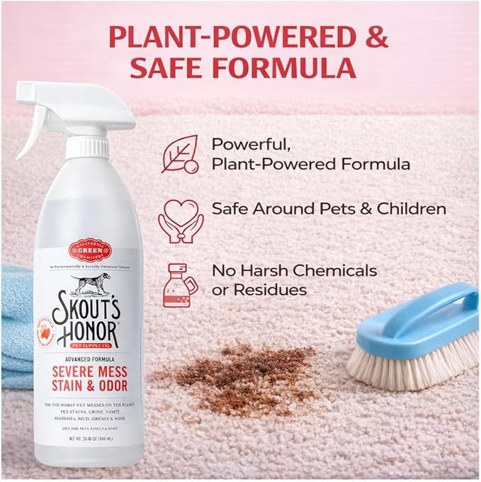 SKOUT'S HONOR Severe Mess Stain & Odor Eliminator, Powerful Stain Remover and Carpet Cleaner for Tough Dog Messes, Eco-Friendly Carpet Deodorizer, Cleaning Spray and Poop Spray, 35 oz