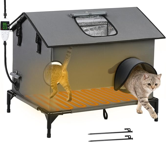 Large Heated Cat House for Outside, Weatherproof Insulated Indoor Extra Large Multi-Cat House with Adjustable Heating Pad, Escape Door & Elevated Base, Warm Shelter for Feral Stray Barn Cats