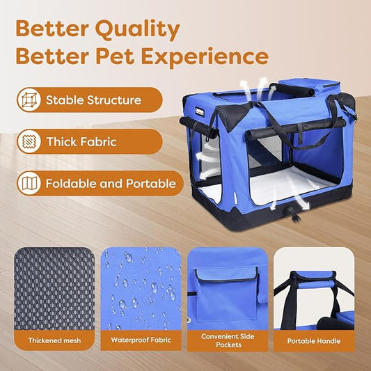 JESPET Soft Dog Crates Kennel for Pets, 3 Door Soft Sided Folding Travel Pet Carrier with Straps and Fleece Mat for Dogs, Cats (Royal Blue, X-Large(36" L x 24" W x 27" H))