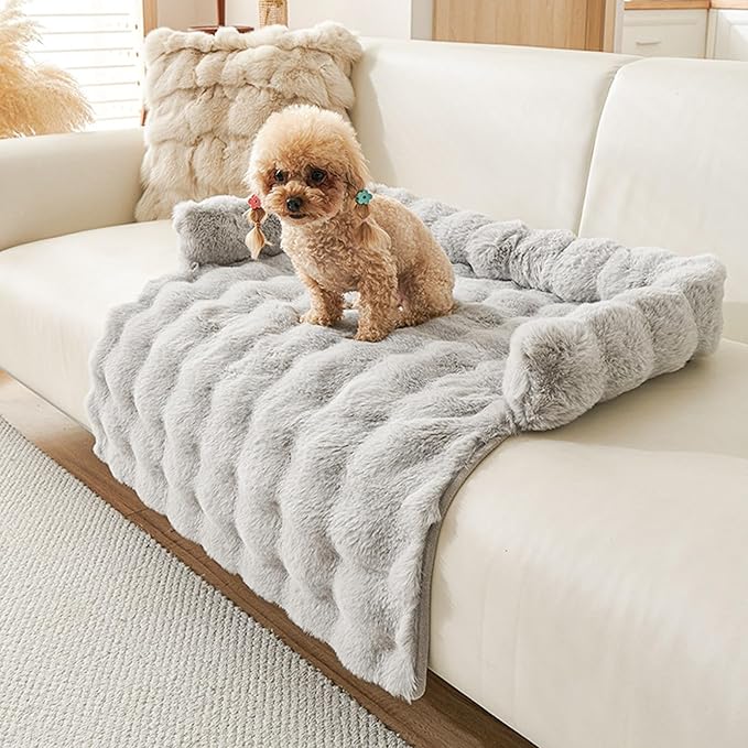 Calming Dog Bed for Couch, 29.5 x 29.5 inch, Non-Slip Rabbit-Velvet Dog Sofa Mat for Furniture Protector, Perfect for Small, Medium Dogs and Cats (Light Gray)