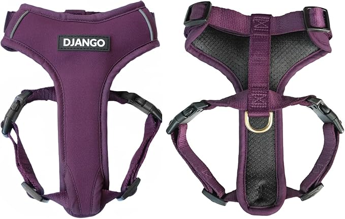 DJANGO Adventure Dog Harness - Stylish, and Durable Large Dog Harness for Outdoor Adventures and Everyday Wear - Plum Purple Neoprene Adjustable Harness for Dogs with Reflective Piping, Brass D-Ring