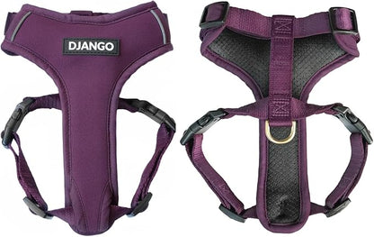 DJANGO Adventure Dog Harness - Stylish, and Durable Large Dog Harness for Outdoor Adventures and Everyday Wear - Plum Purple Neoprene Adjustable Harness for Dogs with Reflective Piping, Brass D-Ring