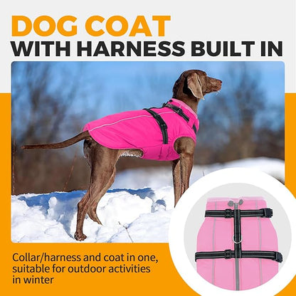 Lelepet Dog Winter Coat Waterproof Dog Jacket with Harness Built in Windproof Reflective Pet Coats for Small Medium Large Dogs, Thermal Fleece Lined Coats for Cold Weather Walking Hiking, Rose Red XXL