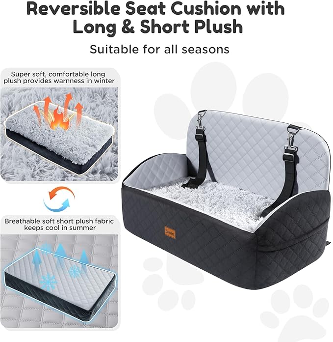 Gimars Reversible Dog Car Seat with Long & Short Plush Seat Cushion for Small/Medium Dogs Up to 60lbs, Detachable Washable Anti-Slip Dog Booster Seat with 5.1'' 28D Egg-Crate Foam, Safety Belt, L