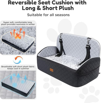 Gimars Reversible Dog Car Seat with Long & Short Plush Seat Cushion for Small/Medium Dogs Up to 60lbs, Detachable Washable Anti-Slip Dog Booster Seat with 5.1'' 28D Egg-Crate Foam, Safety Belt, L