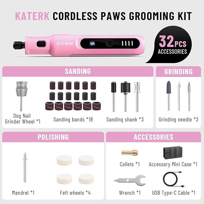 Katerk Pet Dog Nail Grinder - 5 Speed Quiet Electric Dog Nail Trimmer with 360°LED Light, 2500mAh Rechargeable, 32PCS Cordless Rotary Tool for Small Medium Large Dogs & DIY Sanding, Carving (Pink)