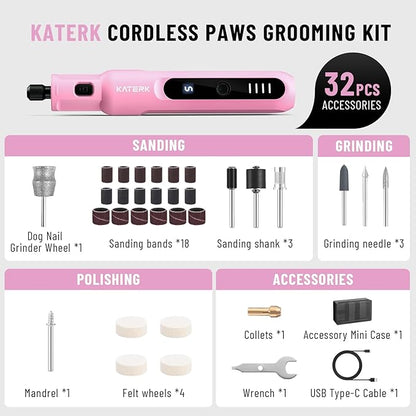 Katerk Pet Dog Nail Grinder - 5 Speed Quiet Electric Dog Nail Trimmer with 360°LED Light, 2500mAh Rechargeable, 32PCS Cordless Rotary Tool for Small Medium Large Dogs & DIY Sanding, Carving (Pink)