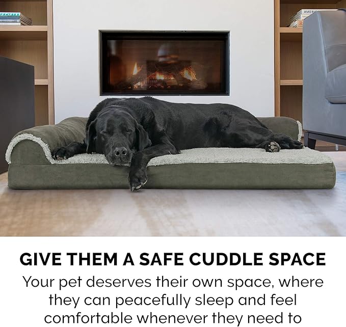 Furhaven Memory Foam Dog Bed for Large/Medium Dogs w/ Removable Bolsters & Washable Cover, For Dogs Up to 55 lbs - Two-Tone Plush Faux Fur & Suede L Shaped Chaise - Dark Sage, Large