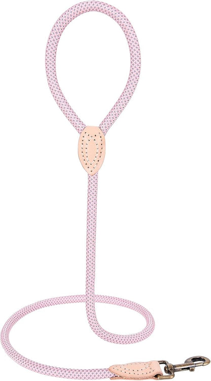 Mile High Life Dog Rope Leash 6 FT with Genuine Leather Tip, Reflective Rope Leash for Medium Large Dogs (Pink, 72 Inch)