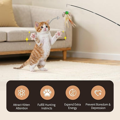 VavoPaw Interactive Cat Toys for Indoor Cats, Retractable Cat Wand Toy with 4 Feather Toy Refills, Kitten Toys Teaser Wand for Bored Indoor Adult Cats and Kittens