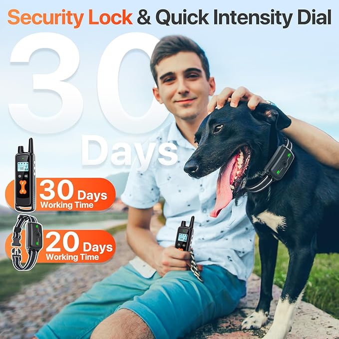 Dog Training Collar, Dog Shock Collar with Remote Control, Electric Shock Collar with 4 Training Modes, IP68 Waterproof Rechargeable e Collar for Large Medium Dogs with Beep Shock and Security Lock