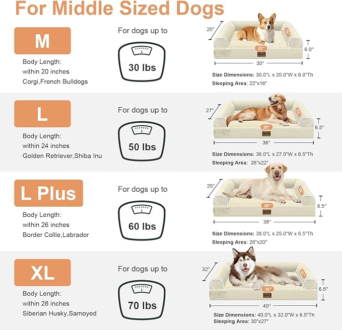 Large Dog Bed Orthopedic Washable: Beds Bolster XL Bed Big XLarge Dogs Egg Crate Foam Couch Sofa Waterproof with Removable Cover - Beige