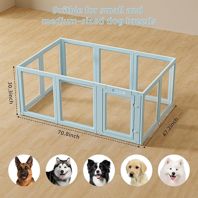 LoveTail DIY Clear Acrylic Dog Playpen House,Quick Easy Assembly and Disassembly,Strong Floor Suction,Indoor and Outdoor Use,Easy Cleansing Puppy Fence (Sky Blue, 30.3" H, 10PCS)