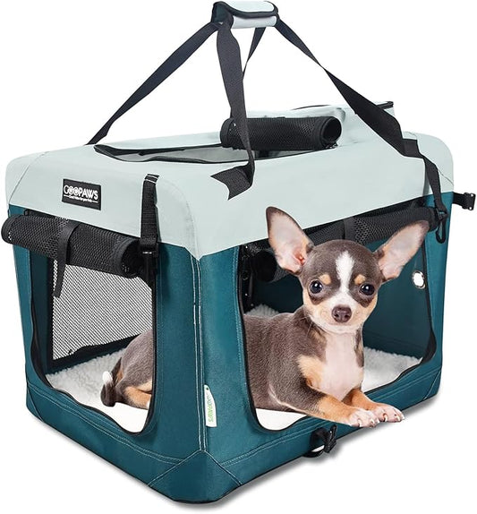 JESPET Soft Dog Crates Kennel for Pets, 3 Door Soft Sided Folding Travel Pet Carrier with Straps and Fleece Mat for Dogs, Cats (8-Teal Blue, Small(24" L x 16.5" W x 16.5" H))