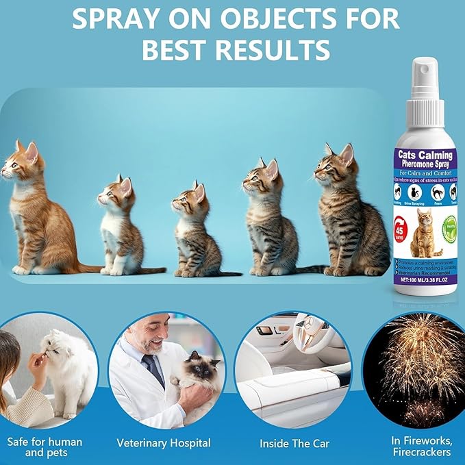 【𝐇𝐢𝐠𝐡𝐥𝐲 𝐄𝐟𝐟𝐞𝐜𝐭𝐢𝐯𝐞】Cat Calming Spray, 15% F3 Cat Pheromone Spray to Help Calm During Travel and Stress and Reduce Urine Spraying, Scratching, Excessive Grooming & Aggression 2*100mL