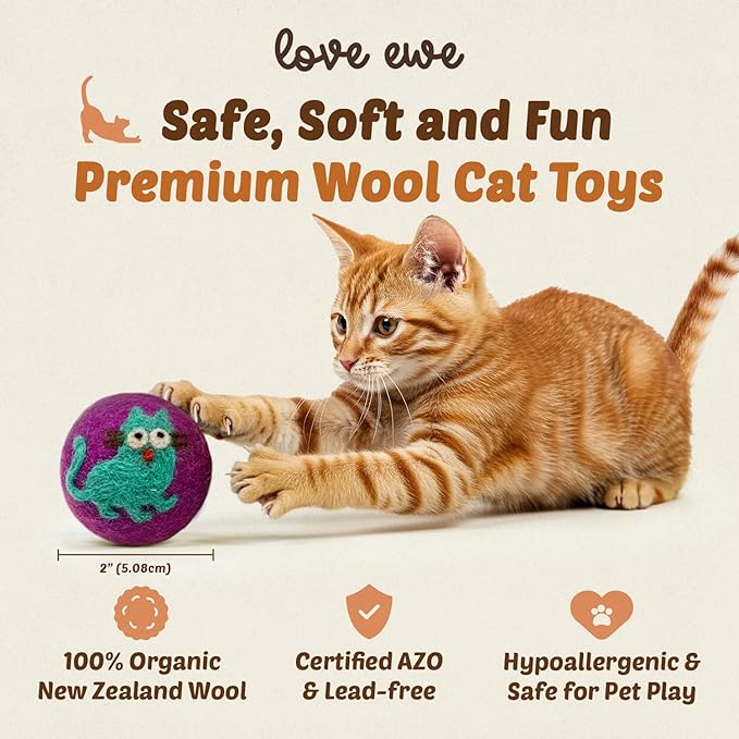 Hustle & Blush Love Ewe Felted Cat Toys 3 Pack - 2 Inch Cat & Mouse Hand Made Cute & Fun Design Kitten Wool Felt Balls for Indoor Play & Exercise - 100% New Zealand Handmade Felted Balls