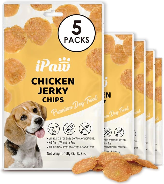 iPaw Chicken Chips Dog Treats for Puppy Training, All Natural Human Grade Dog Treat, Hypoallergenic, Easy to Digest (Chicken Chips), 5 Packs