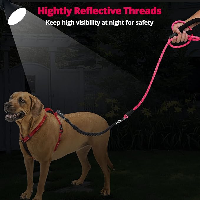 Long Dog Leash 30 FT: Heavy Duty Rope Leashes for Dogs Training with Swivel Lockable Hook Reflective Threads Bungee and Padded Handle - Dog Lead for Large Small Medium Dogs Outside Walking Hiking Pink