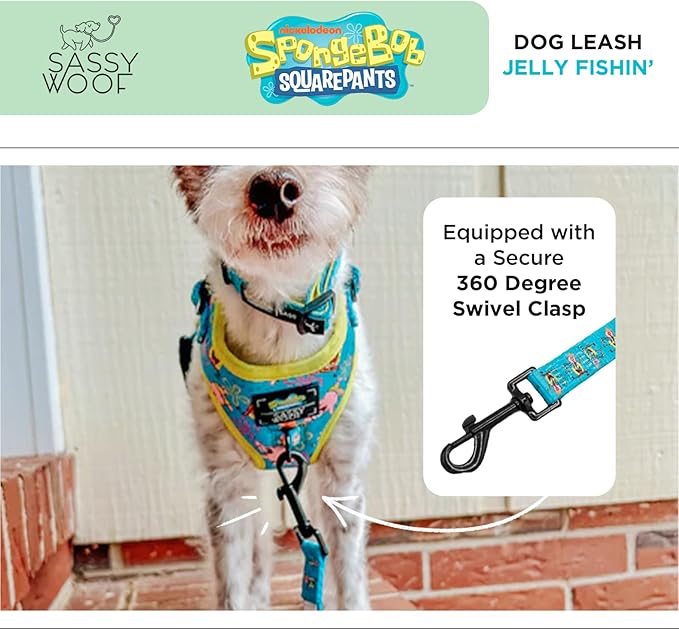 Sassy Woof Spongebob Squarepants™ Jelly Fishin' Dog Leash 60-Inch with Neoprene Padded Handle - Comfortable, Durable, and Stylish for Small to Large Dogs - Officially Licensed