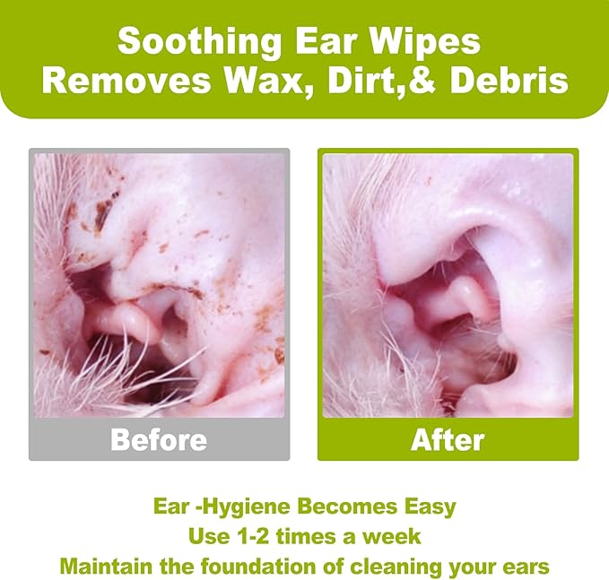Dr.Easy Pet Ear Grooming Wipes 120ct for Dogs & Cats,Fragrance Free,Helps Dissolve Wax Build-Up and Control Ear Odor,flushable & Compostable,Stop Ear Itching,Natural Cleansing.