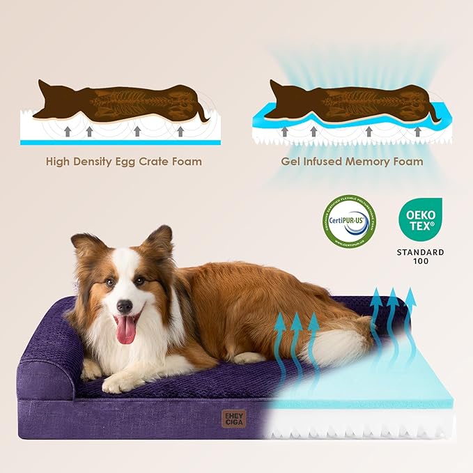 EHEYCIGA Large Dog Bed Memory Foam for Crate, Orthopedic Dog Bed Large Size Dogs with Washable Removable Cover, Waterproof Pet Sofa Couch with Nonskid Bottom, 35x22x6, Purple