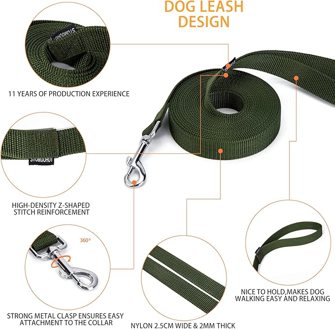 Siumouhoi Strong Durable Nylon Dog Training Leash, 1 Inch Wide Traction Rope, 6 ft 10ft 15ft Long, for Small and Medium Dog (Military Green, 15 Feet)