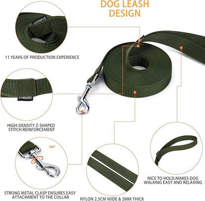 Siumouhoi Strong Durable Nylon Dog Training Leash, 1 Inch Wide Traction Rope, 6 ft 10ft 15ft Long, for Small and Medium Dog (Military Green, 15 Feet)