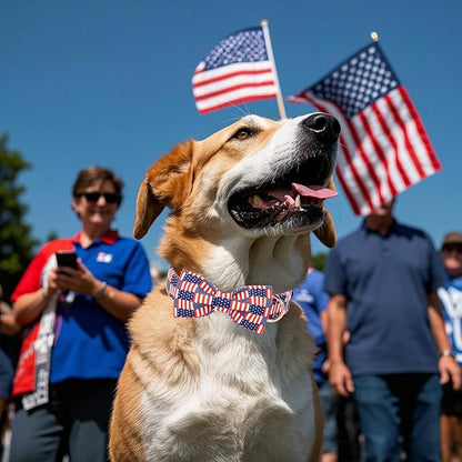 4th of July Dog Collar with Bow Tie - Independence Day Star Flag Bowtie Collar Safety American Flag Patriotic Dog Collars for Small Medium Large Dogs XS