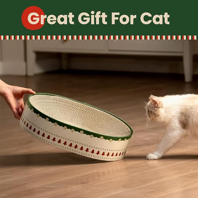 Conlun Cat Scratcher Bed, 2 in 1 Oval Cat Scratching Board for Indoor Kitty Scratch Pad Corrugated Cardboard Lounge Bowl Nest Couch Sofas for Kittens, Includes Cat Toy, Christmas