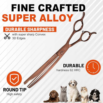 High-end Professional Dog Grooming Curved Thinning Scissors Teeth Blending Shears Pet Texturizing Thinner Blender Shears 7.5 Inch Extremely Very Sharp Made Of Stainless Steel Alloy For Dog Cat Groomer