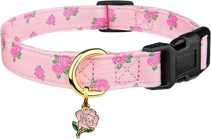 Cotton Handmade Dog Collar Cute and Distinctive Patterns Pink Rose with Pendant for Girl Boy Dogs Collars S