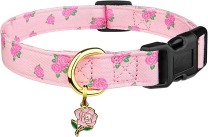 Cotton Handmade Dog Collar Cute and Distinctive Patterns Pink Rose with Pendant for Girl Boy Dogs Collars S