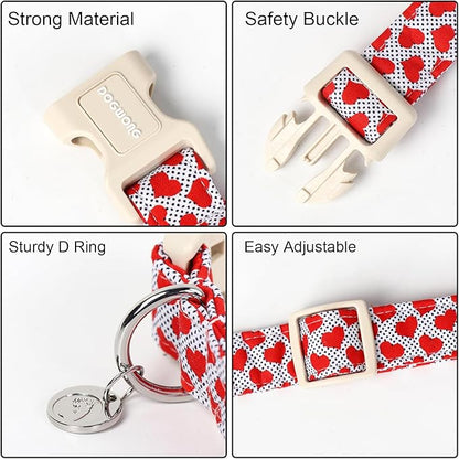 DOGWONG Valentine's Dog Collar - Red Heart Adjustable Cotton Heart Dog Collar - Perfect for Large Dogs