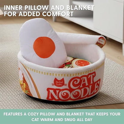 Cat Ladies Ramen Cat Bed - Cozy 5-Piece Soft Nest Set with Blanket Pillows and Teaser Toy - Compact Noodle Bowl-Themed Pet Beds & Furniture - Small Warm Indoor Cushion for Cats