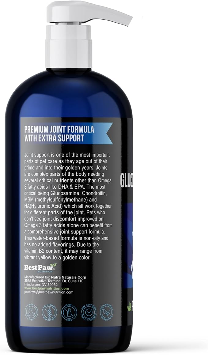 Best Paw Nutrition - Unflavored Liquid Glucosamine for Dogs & Cats - Chondroitin, MSM, Hyaluronic Acid - Dog Arthritis Home Remedy - Joint Supplement for Hip & Joint Pain Relief Pets Love - 32oz