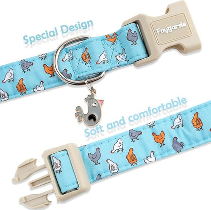Faygarsle Funny Chicken Pattern Dog Collar, Cotton Fabric, Light Blue with Farm Animal Print for Small Medium Large Dogs L