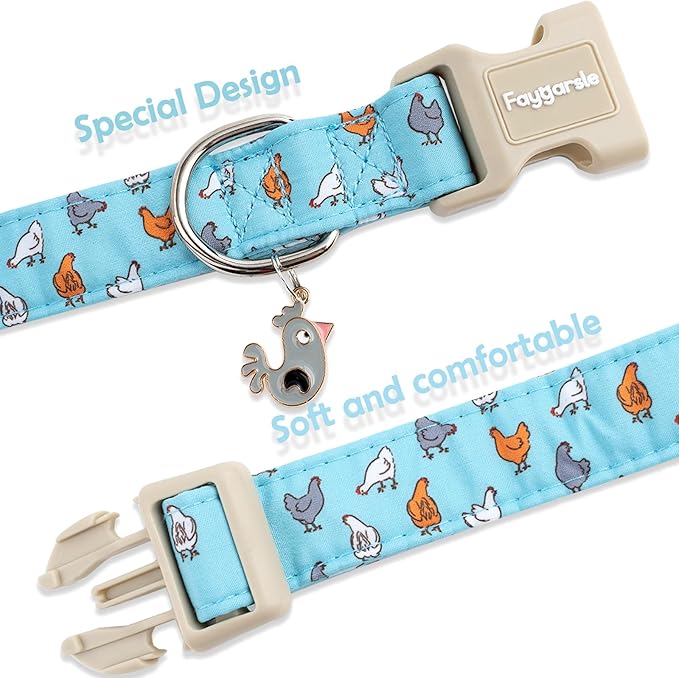 Faygarsle Funny Chicken Pattern Dog Collar, Cotton Fabric, Light Blue with Farm Animal Print for Small Medium Large Dogs XS