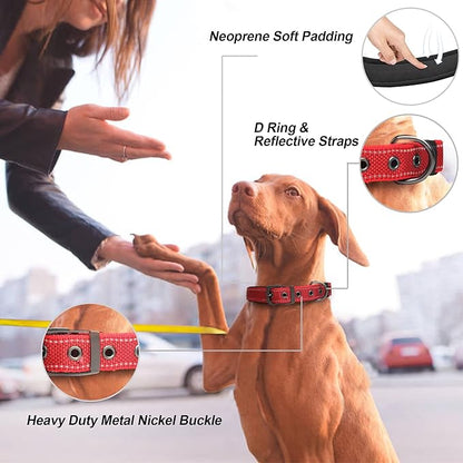 PetiFine Dog Collars for Medium Dogs, Neoprene Padded and Adjustable, Reflective Wide Heavy Duty Pet Collars with Durable Metal Belt Buckle for Walking, Red, M