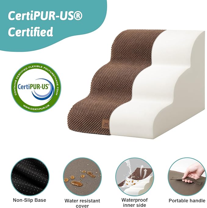 Dog Stairs for Small Dogs 15.7" H, Curved Dog Step for Puppy, Older Cat, Medium Pet Ramp for Sofa, Couch or Chair, Ladder with High Density Foam, 3 Step, 15.7x22.4x15.7 inch, Brown