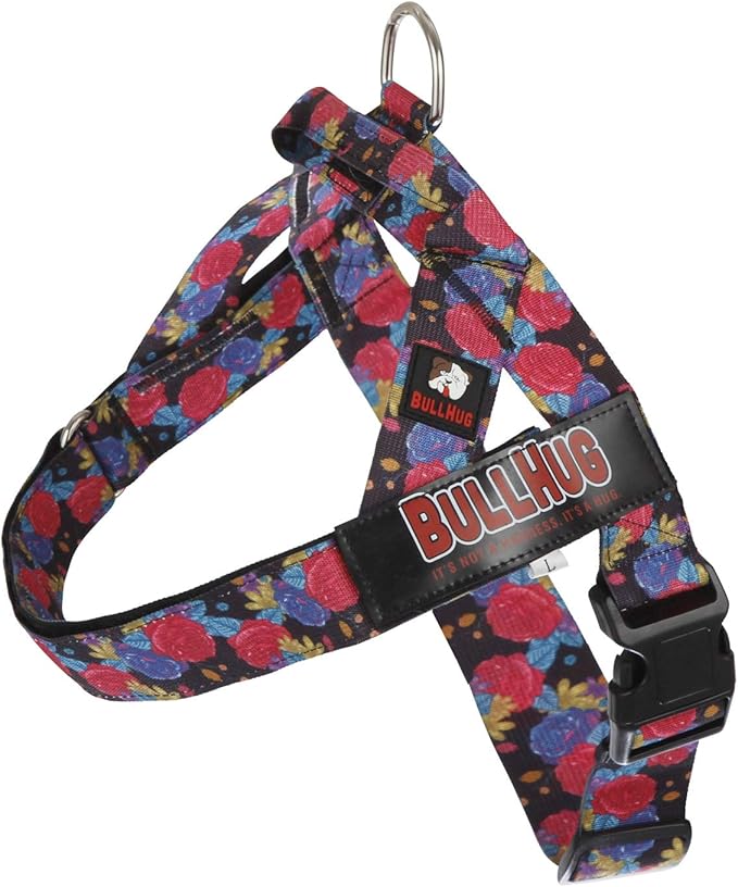 BULLHUG Adjustable Dog Harness– No Pull, No Choke – for English Bulldogs, French Bulldogs, Pugs & Broad-Chested Breeds – Easy, Safe Walks (Black Floral, Large)