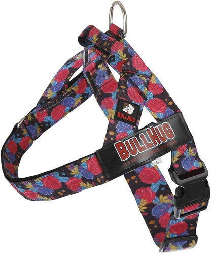 BULLHUG Adjustable Dog Harness– No Pull, No Choke – for English Bulldogs, French Bulldogs, Pugs & Broad-Chested Breeds – Easy, Safe Walks (Black Floral, Large)