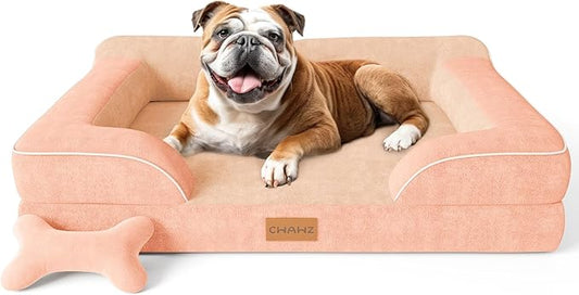 CWAWZ Dog Beds for Large Dogs, Orthopedic Dog Bed with Cooling Gel Memory Foam, Waterproof Large Pet Bed with Removable Washable Cover, 36" Pet Sofa Couch Dutch Velvet with Bone Toy, Peach Pink
