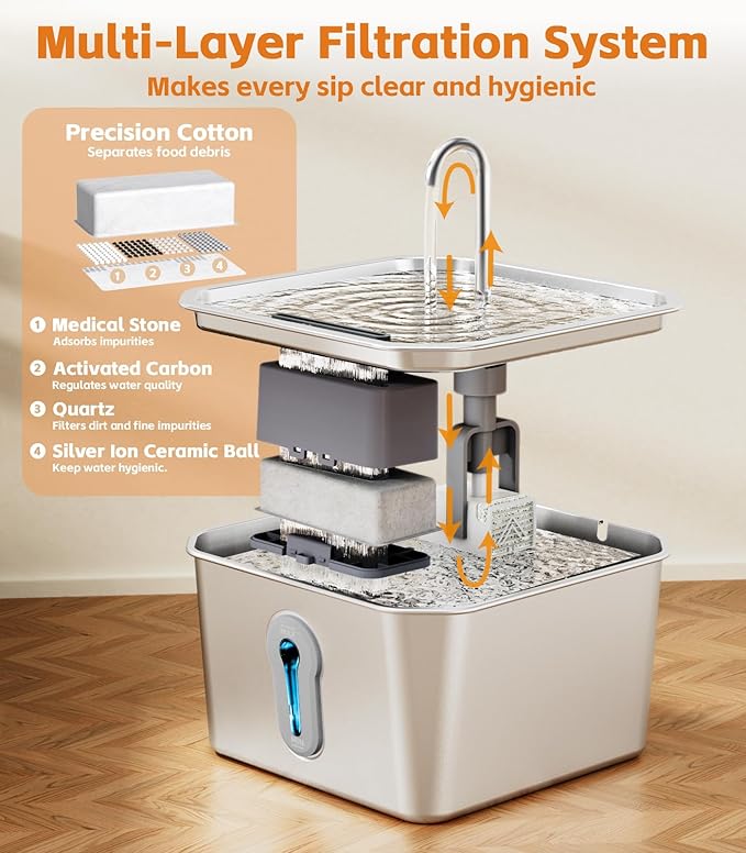 UPAWPIA 4L/135oz Large Cat Water Fountain Stainless Steel with 4 Filters Pet Water Fountain for Cats Quiet Indoor Pets Dog Small Animal Automatic Dog Water Dispenser for Drinking Watering Supplies