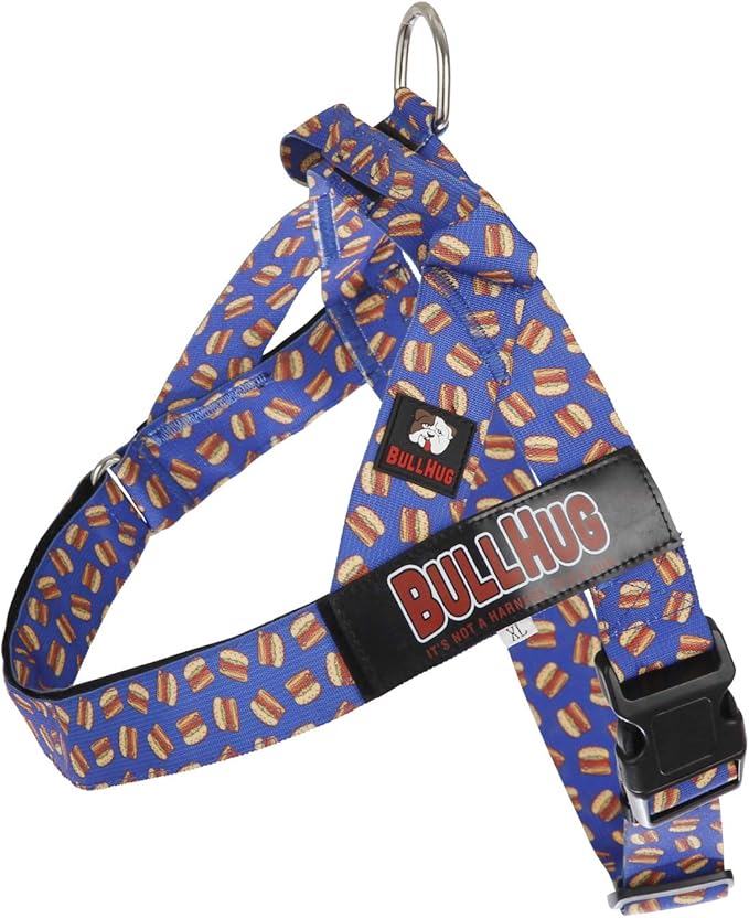 BULLHUG Adjustable Dog Harness– No Pull, No Choke – for English Bulldogs, French Bulldogs, Pugs & Broad-Chested Breeds – Easy, Safe Walks (Blue Burger, XS)
