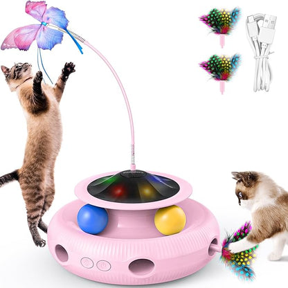 Interactive Cat Toy, 3 in 1 Automatic Cat Toy for Indoor Cats, Electric Kitten Toy with Rechargeable Battery, Self Play Kitty Toys with Rotating Fluttering Butterfly,Track Ball and Ambush Feather,Pink