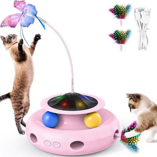 Interactive Cat Toy, 3 in 1 Automatic Cat Toy for Indoor Cats, Electric Kitten Toy with Rechargeable Battery, Self Play Kitty Toys with Rotating Fluttering Butterfly,Track Ball and Ambush Feather,Pink