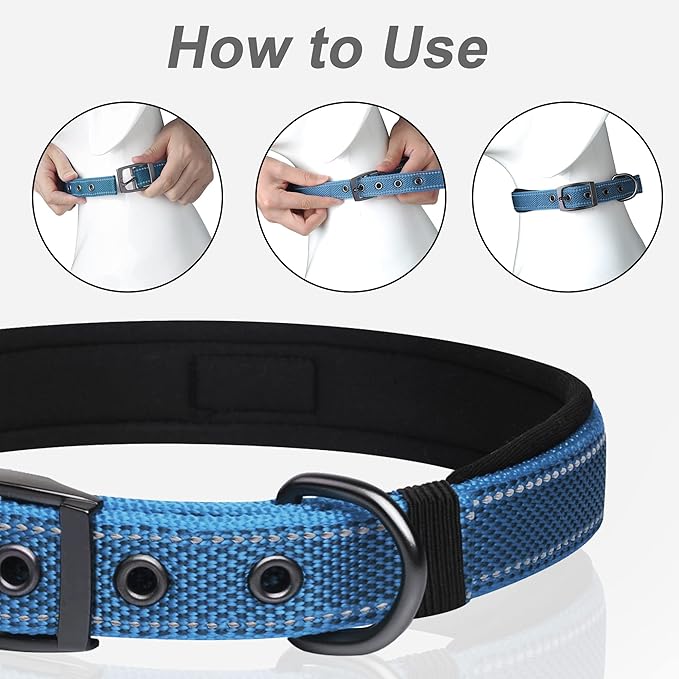 PetiFine Neoprene Padded Dog Collar, Heavy Duty Comfort Dog Collar with Durable Metal Buckle, Reflective Adjustable Belt Buckle Dog Collars for Small Medium Large Dogs(11”-14.5“, Blue)