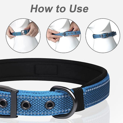 PetiFine Dog Collar for Large Dogs, Neoprene Padded and Adjustable, Reflective Wide Heavy Duty Pet Collars with Durable Metal Belt Buckle for Walking, Blue, L
