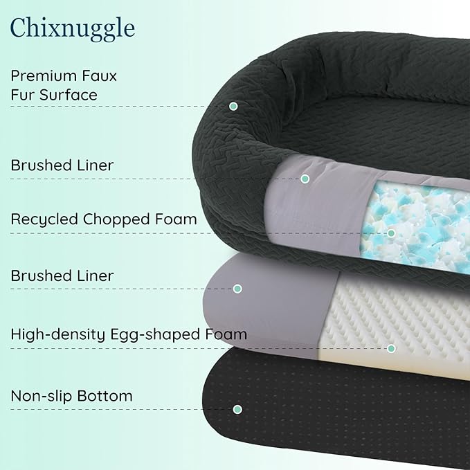 Human Dog Bed for Adult - Luxury Faux Fur Giant Size Dog Bed with Portable Handle, Egg Orthopedic Foam with Blanket, 72"x40"x10", Dark Grey